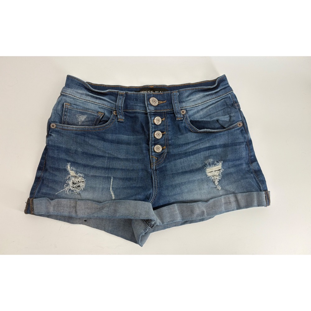 Express Jeans Womens 0 Blue‎ Denim Distressed Button Fly Cuffed Shorts VTG Y2K